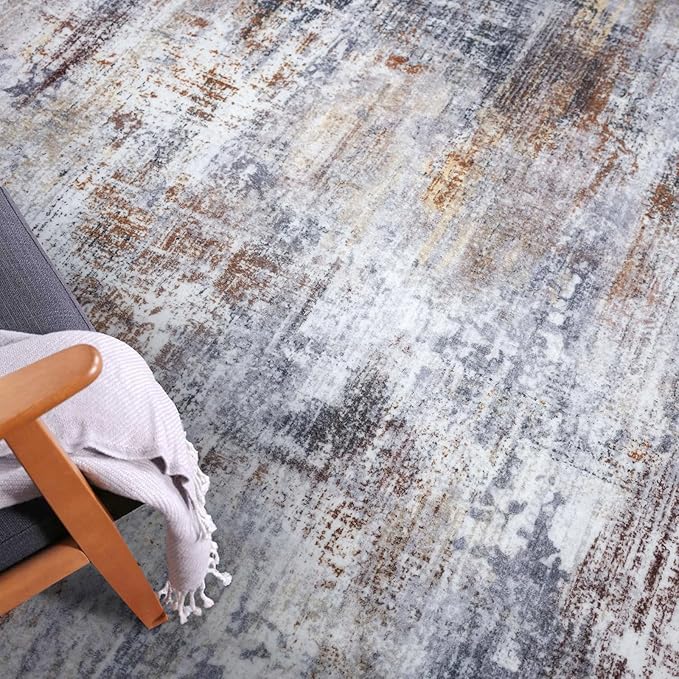 IOHOUZE Abstract Runner Rug 3x12 Ft Washable Runners for Hallways, Non Slip Kitchen Runner Printed Faux Wool Entryway Runner Indoor, Modern Abstract Floor Carpet for Hall Kitchen, Orange Grey
