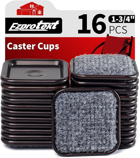 Ezprotekt 1 3/4" Square Reusable Felt Furniture Caster Cups with Carpet Bottom, 16 Pcs Felt Furniture Sliders Floor Protectors Pads to Protect Hardwood, Tile Floors Carpet from Scratches (Brown/Gray)