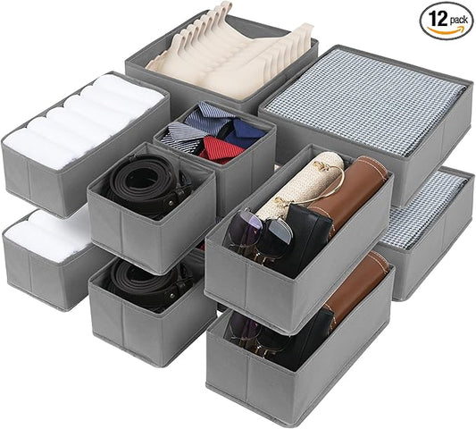 Cupic Cupid Drawer Organizer, Dresser Organizers, Foldabe Drawer Organizer Clothes, Closet Organization and Storage Dividers for Socks, Underwear and Diaper, Set of 12, Gray