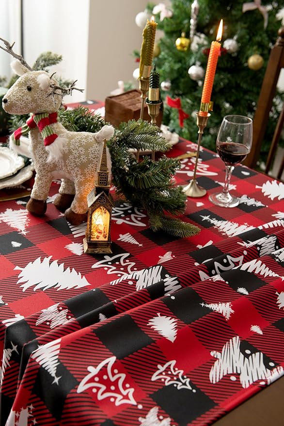 Red Waterproof Plaid Christmas Tree Tablecloth Fabric - Square 58x58 Inch Classic Gingham Checker Holiday Table Cloth for Indoor Use - Xmas Table Cover for Picnics, BBQs, and Parties