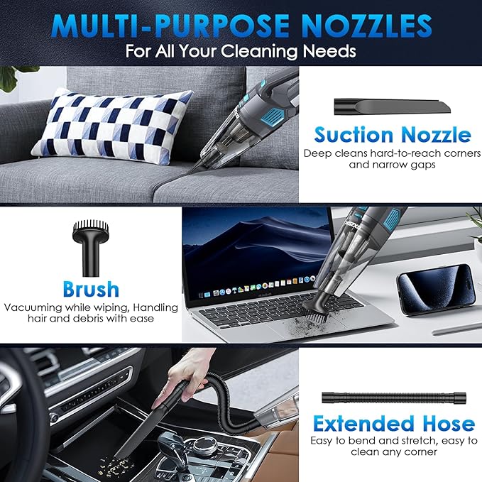 Handheld Vacuum Cordless, 15000PA Strong Suction Hand Held Car Vacuum Cleaner Rechargeable, Portable Hand Vacuum with Multi-Nozzles & Washable Filter for Home Office, Car, Pets