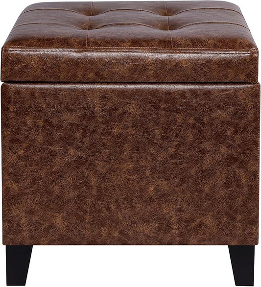 Adeco 18" Storage Ottoman Foot Rest Stool, Walnut Leather Ottoman with Black Solid Wood Legs and Hinged Lid, Small Foot Stool for Living Room, Bedroom