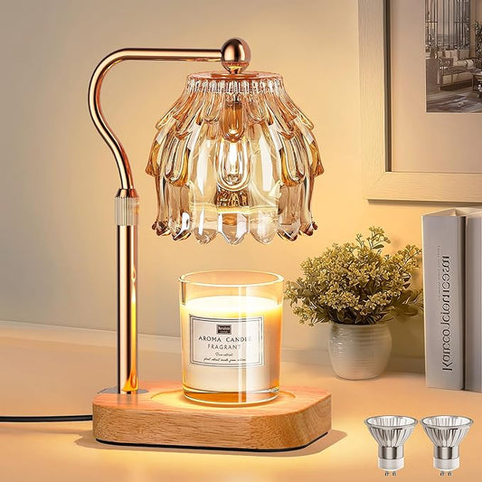 Candle Warmer Lamp with Timer Dimmer, Modern Wax Warmer for Scented Wax Jar Candle Warmer with 2 Bulbs, Adjustable Height Glass Lamp for Gifts for Women, House Warming Gifts, Home Decor, Gold Amber