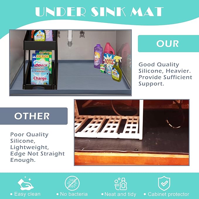 URMONA Waterproof Silicone Under Sink Mat 31'' x 22'' Shelf Liner for Kitchen and Bathroom, Cabinet and Counter Protector, Storage and Organizers, Litter Mat, Pet Cat Puppy Essentials(Dark Grey)