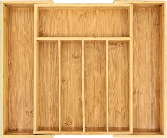 VaeFae Bamboo Drawer Organizer, Expandable Silverware Drawer Organizer, Cutlery Tray with Dividers for Kitchen Utensils, Medium