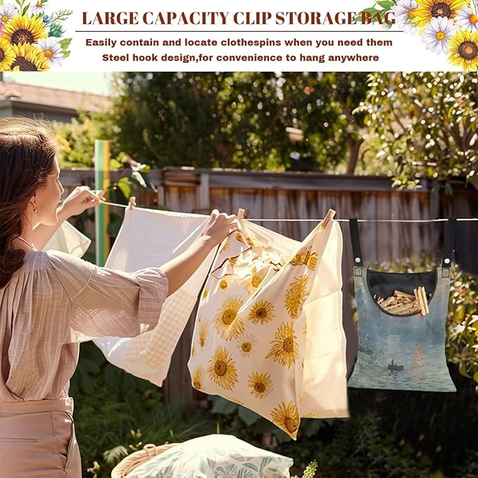 Heavy Duty Outdoor Clothespin Bag - Impression Sunrise Print Windproof & Water Repellent Hanging Storage for Clothesline Accessories - Extra Large Opening with Reinforced Stitching