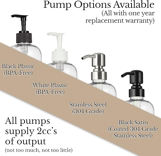 Refillable Clear PET Plastic 16 oz Body Wash Bottle with Black Satin Pump Dispenser - Chrome Accent Waterproof Labeled Bottle
