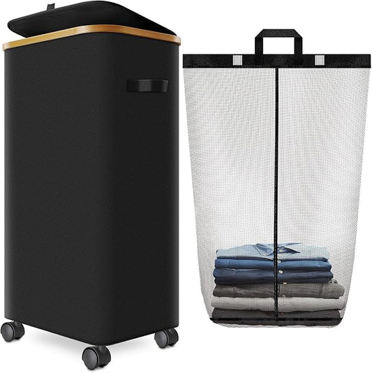 Laundry Hamper with Wheels,29 Gal (110L) Laundry Basket with lid Rolling Clothes Hamper Foldable Dirty Clothes Basket on wheels with Bamboo Frame and Bag for Bedroom, Dorm, Laundry Room-Black