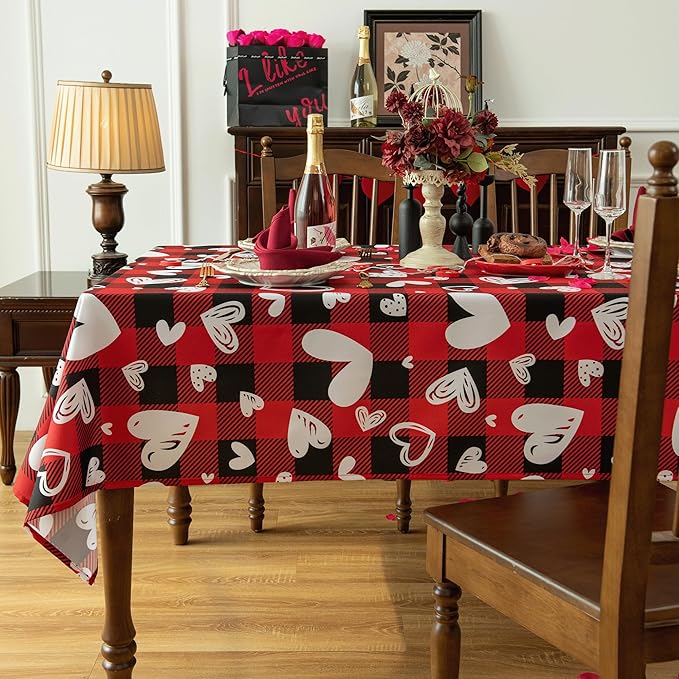 Red Gingham Plaid Love Heart Tablecloth - Valentines Day Rectangular 58x102 Inch Water Resistant Table Cloth for Indoor/Outdoor Use - Holiday Table Cover for Kitchen, Picnics, and Parties