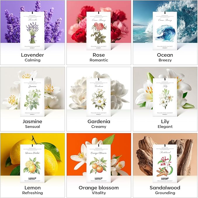 MYARO 12 Packs Scented Sachets for Drawer and Closet, Long-Lasting Sachets Bags Home Fragrance 6 Scents Option- Lavender, Rose, Jasmine, Ocean, Gardenia, Lily