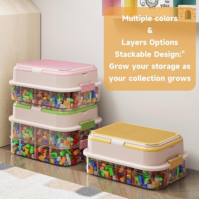 Toy Storage Organizer Box with Handle, Stackable Building Block Toy Box with Building Plate Lid & Removable Sorting Trays, Cubby Bins and Containers 1 Layer (Green)