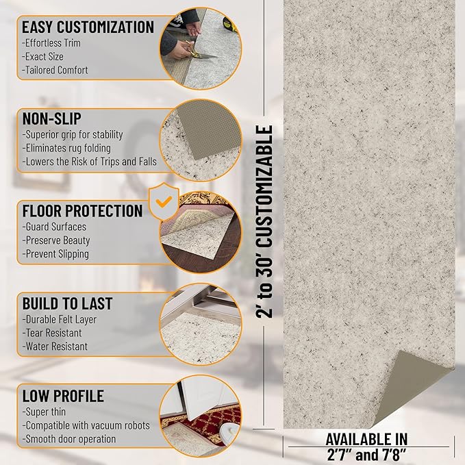 Ottomanson 6' x 7'8" Non-Slip Rug Pad Gripper 1/12 Inch Ultra Thin Dual Surface Felt + Rubber Gripper - Safe for All Floors, Cream