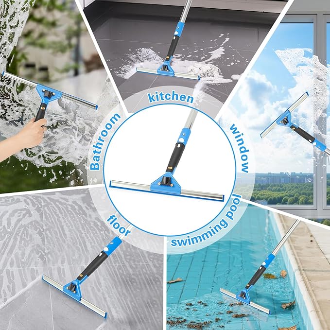 75'' Window Squeegee Cleaner Tool, Professional Window Cleaning Kit for Glass with 360° Rotation & Extension Pole- Glass Cleaner Tool with Scrubber for Windows,Glass,Bathroom,Shower