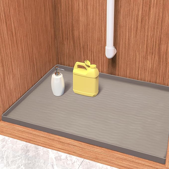 URMONA Waterproof Silicone Under Sink Mat 37'' x 22'' Shelf Liner for Kitchen and Bathroom, Cabinet and Counter Protector, Storage and Organizers, Litter Mat, Pet Cat Puppy Essentials(Beige)