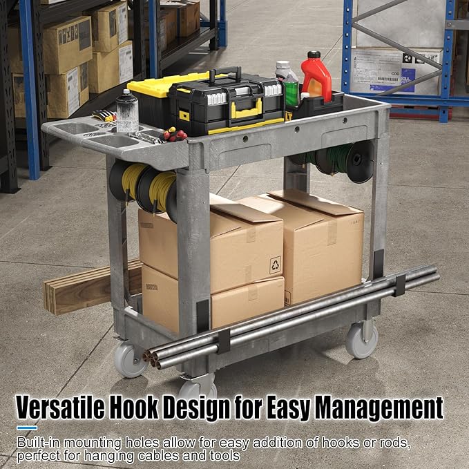 Heavy Duty Rolling Utility Cart with Wheels 2-Tier Utility Plastic Service Work Cart for Shop, Garage, Warehouse, Maintenance 550 lbs