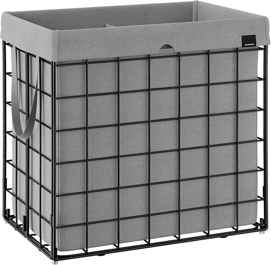 SONGMICS Laundry Hamper, 34.3 Gal. (130L) Laundry Basket, Collapsible Clothes Hamper, Removable and Washable Liner, Metal Wire Frame, for Bedroom Bathroom, Black and Gray ULCB113G01
