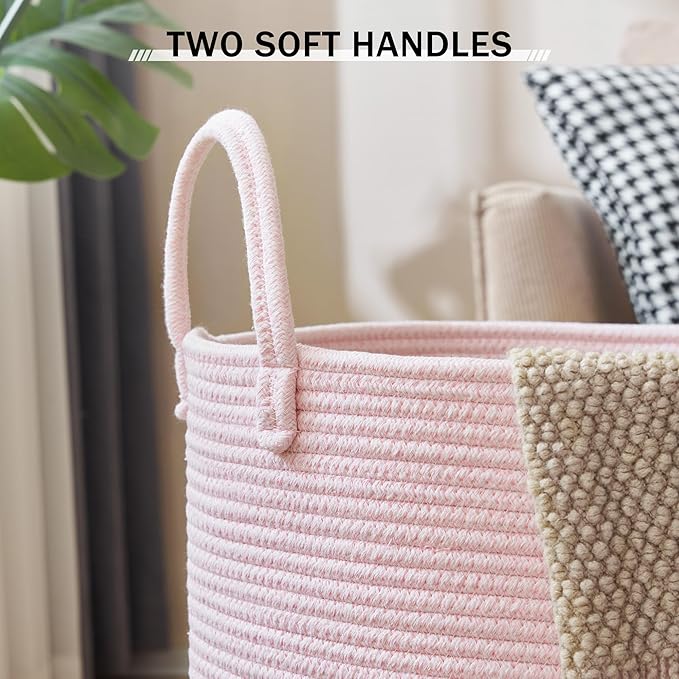 YOUDENOVA Woven Rope Laundry Hamper, 58L Tall Luandry Basket, Baby Nursery Hamper for Blanket Storage in Bedroom-Large-Pink