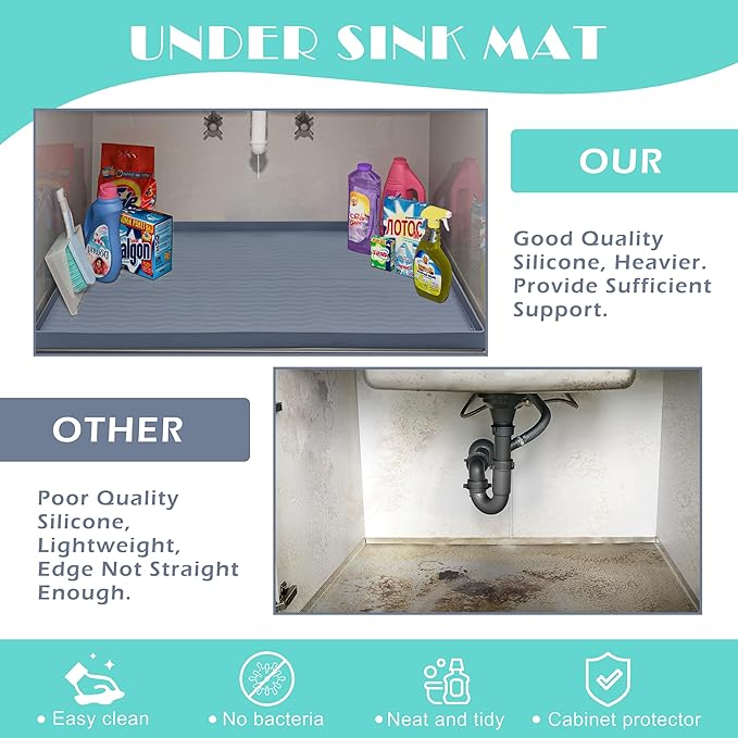 URMONA Waterproof Silicone Under Sink Mat 25'' x 22'' Shelf Liner for Kitchen and Bathroom, Cabinet and Counter Protector, Storage and Organizers, Litter Mat, Pet Cat Puppy Essentials(Black)