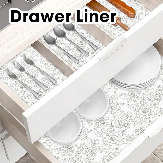Drawer and Shelf Liner for Kitchen Cabinets Non-Adhesive, Non-Slip Cabinet Liner Shelf Paper Strong Grip Waterproof Easy to Clean for Kitchen Shelves Cupboard, Flower,23.6IN X 20FT
