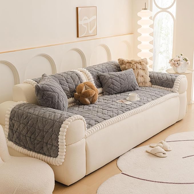 OTOB Couch Cover for Dogs Washable Pet Friendly, Non Slip Plush Funny Fuzzy Loveseat Sofa Cushion Slipcovers, All Seasons Geometric Jacquard Soft & Cozy Pet Bed Mat Protector (Gray, 27.6" x 47.2")