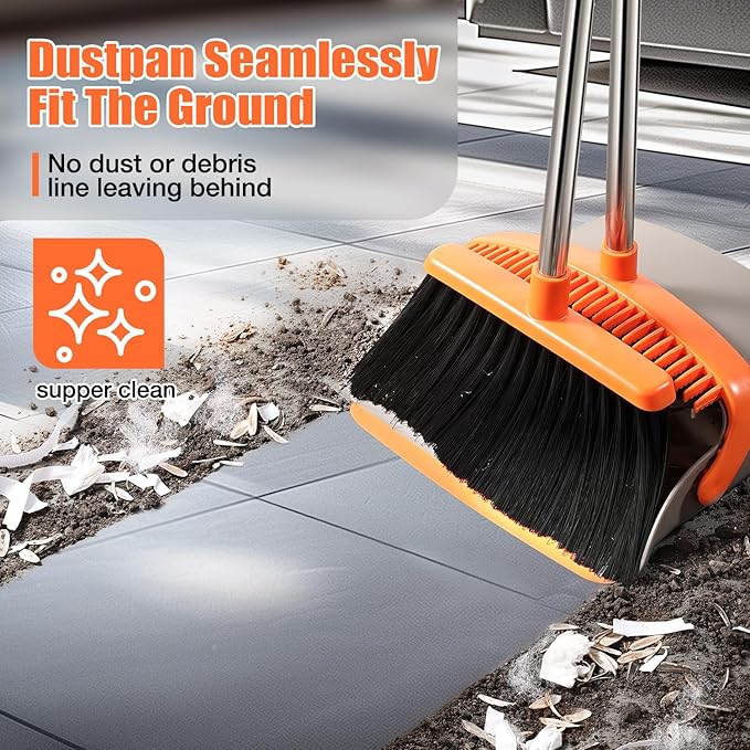 Broom and Dustpan Set, Upgraded Large Broom with Dustpan Combo Set with 56" Tall Adjustable Handle, Self-Cleaning Teeth, Upright Standing Dust Pan for Heavy Duty Indoor Outdoor Cleaning and Pet Hair