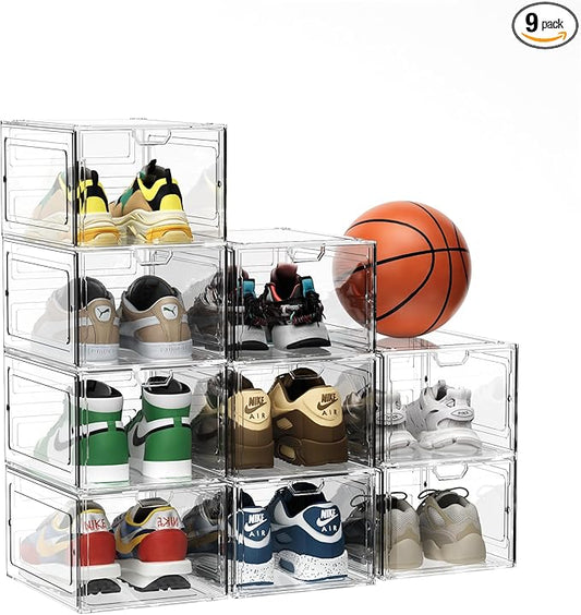 9 Pack Thicken Shoe Organizer Stackable,Upgraded Sturdy Shoe Storage Box with Magnetic Door,Shoe Containers For Sneaker Display,Hat Organizer,White