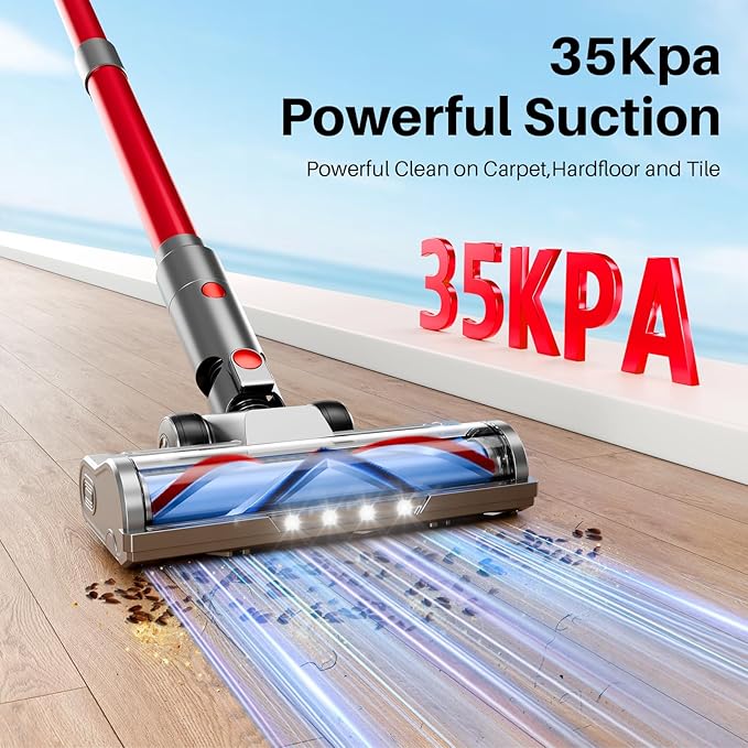 Cordless Vacuum Cleaner, Lightweight Stick Vacuum Cleaner for Home, 6 in 1, Anti-Tangle Vacuum with Powerful Suction, 180° Bendable Wand Rechargeable Cordless Vacuum for Floor Pet Hair/Carpet Deep Red