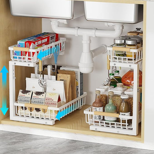 Under Sink Organizer, 2 Tier Slide Out Under Sink Organizers and Storage, Height Adjustable Pull out under cabinet storage, Metal Bathroom Kitchen Sink Organizer，2 Pack