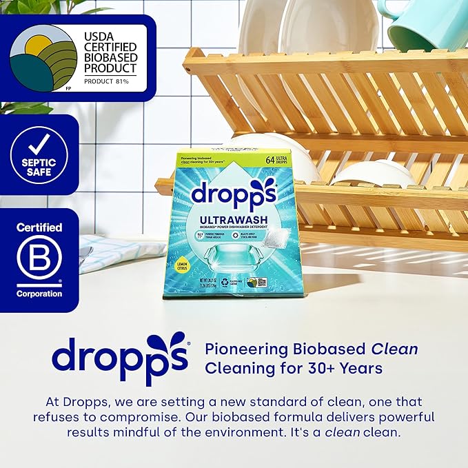Dropps UltraWash Dishwasher Pods, Fresh Rain (64 Count) - Biobased Power Deep Clean Dishwasher Detergent Tablets for Sparkling Shiny Dishes - No Rinse Aid or Pre-Wash Needed - Dishwashing Pods