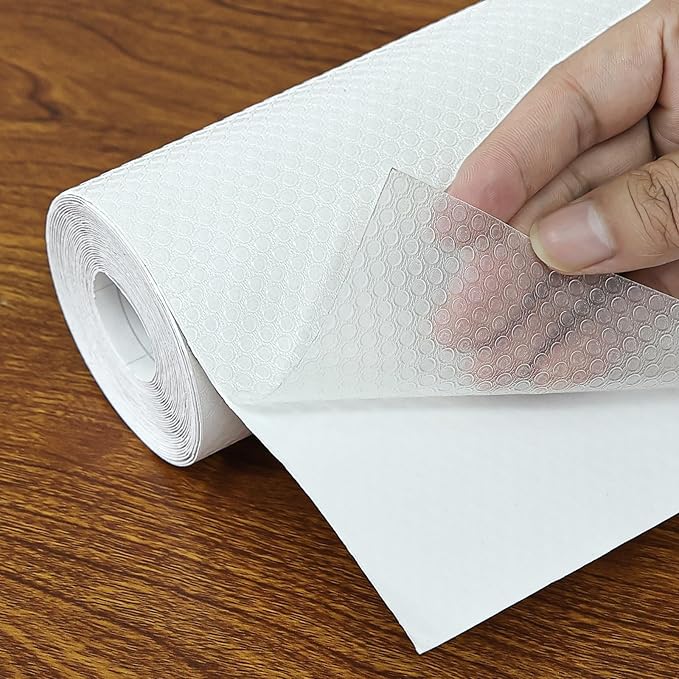 Shelf Liners 16 in x 20 ft Self-Adhesive EVA Drawer Mats, Cupboard Protector, Kitchen Cabinet Lining Fridge Liner (Clear Flat Dot, 40.7x610cm)