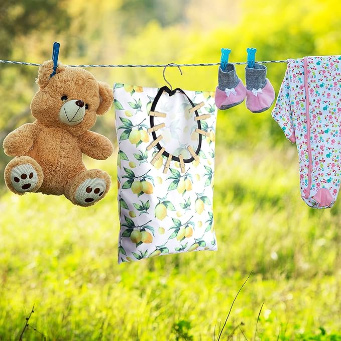 2 Pcs Lemon Clothespin Bag With Hanging Hook - 15 X 11 Inch Laundry Canvas Clothes Pin Holder, Waterproof Storage Organizer With Large Opening