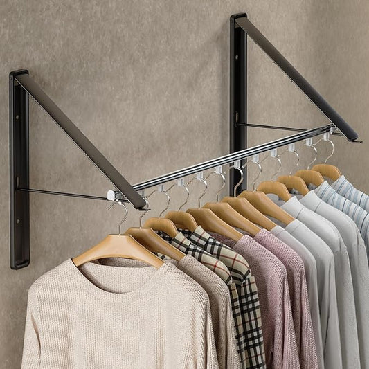 Dr.DJ Clothes Drying Rack with Rod, Wall-Mounted Retractable & Foldable Clothes Hanger for Laundry Room Organization and Storage, Metal Clothes Hanger Rack for Dorm, Closet, Balcony 2Rack, 1Rod Black