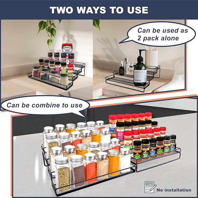 Spice Rack Organizer for Cabinet, 4 Tier Seasoning Organizer, Expandable Shelf,Step Storage Holder, Kitchen Cabinet Countertop,with Protection Railing, Metal (Black,4 Tier,2Pack)