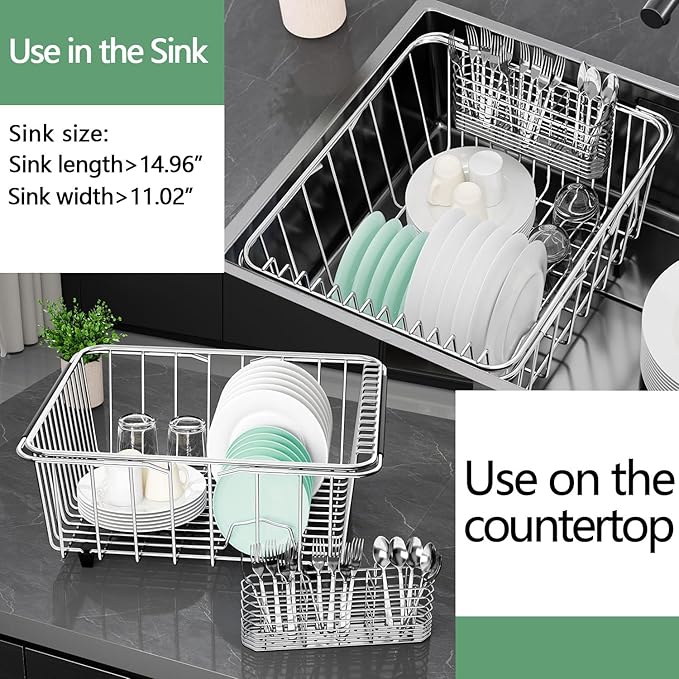 Large Sink Dish Drying Rack, Expandable 304 Stainless Steel Metal Dish Drainer Rack Organizer Shelves with Stainless Steel Utensil Holder Over Inside Sink, Rustproof