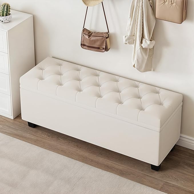 Maupvit Ottoman with Storage, Ottoman Bench with Lift Top, Upholstered Storage Bench with Hinged Lid, Bedroom Bench with Seating, Foot Rest Stool（Beige）