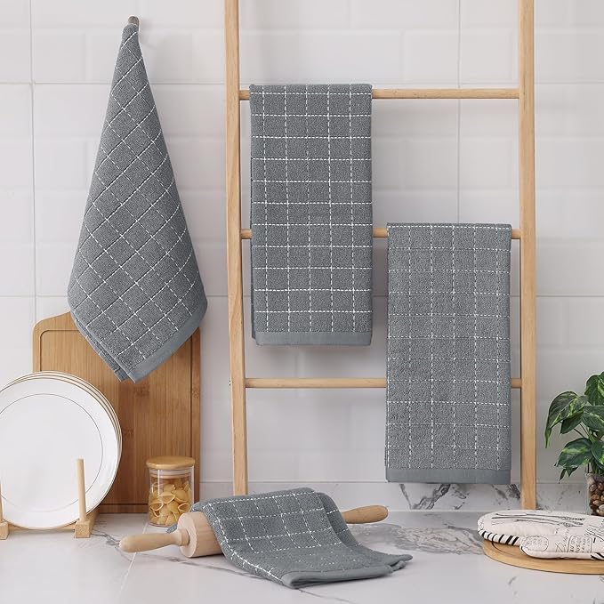Homaxy 100% Cotton Terry Kitchen Towels(Grey, 13 x 28 inches), Checkered Designed, Soft and Super Absorbent Dish Towels, 8 Pack