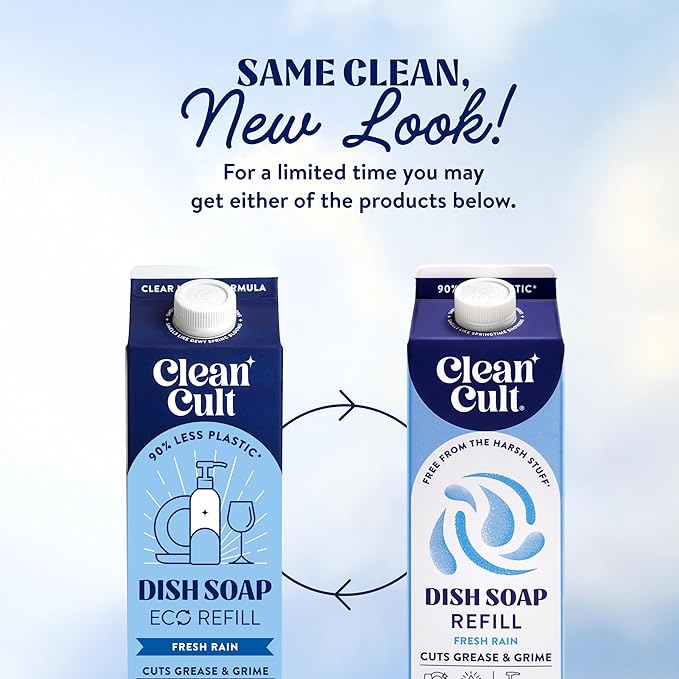 Cleancult Dish Soap Liquid Refill (32oz, 1 Pack) - Plant Based Cleaning Power - Dish Soap that Cuts Grease & Grime - Free of Harsh Chemicals - Uses 90% Less Plastic - Fresh Rain