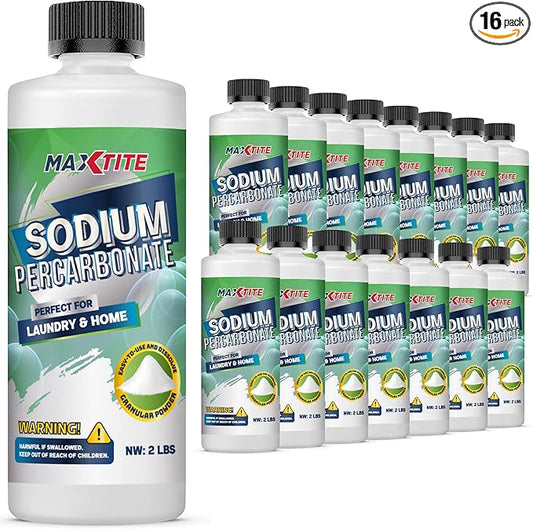 MAXTITE Sodium Percarbonate (32 lbs total - 16 pack of 2 lbs bottles) - 100% Pure Solid Hydrogen Peroxide/Oxygenated Bleach - Home & Laundry Multi-Use Cleaner - HDPE w/Resealable Child Resistant Cap