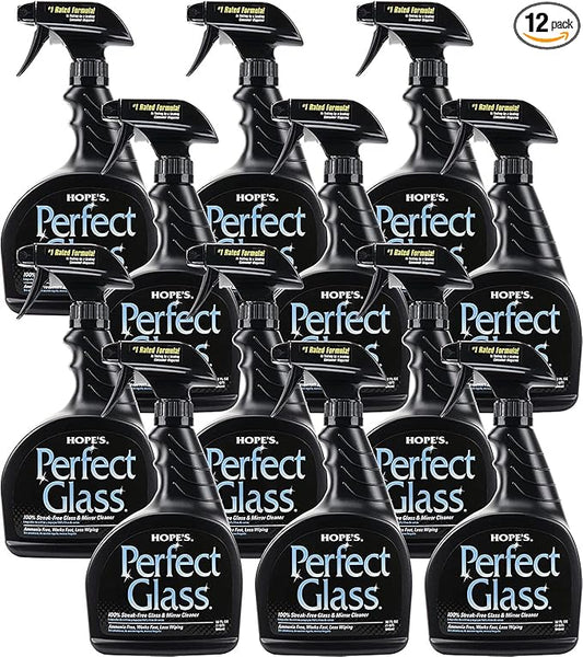 HOPE'S Perfect Glass Cleaner Spray, Streak-Free, Ammonia-Free Window, Mirror, Screen, Tinted Glass, and Shower Door Cleaner, Indoor and Outdoor Glass Surfaces, 32 Fl Oz, Pack of 12