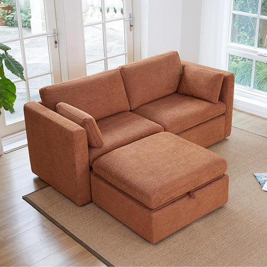 CHITA Modular Sectional Sofa, FSC Certified L Shaped Couch with Reversible Chaise, Modular Sectional Couch for Small Space, 78 inch Width, 3 Seat Modular Sofa with Storage Ottoman, Terracotta