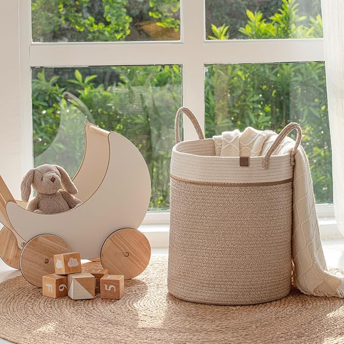 LA JOLIE MUSE Woven Basket Rope Storage Baskets - Large Cotton Organizer 16 x 14 x 14 Inches, Basket for Baby Blanket, Kids Toy Nursery Laundry Basket