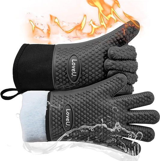Kitchen Oven Gloves - Dual-Layer Heat Resistant Grilling Gloves, Silicone Oven Mitts with 5 Fingers, Waterproof Non-Slip Pot Holder for Barbecue, Cooking, Baking (Small, Black Long)