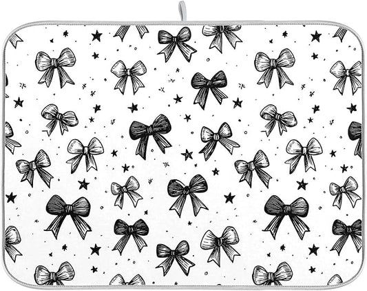 Black White Bowknot Dish Drying Mat for Kitchen Countertop 18x24 Rectangle Bow Large Drying Mat Reusable Quick Dry Dish Sink Absorbent Mats Dishwasher Easy Clean Decorative Home Decor Essentials