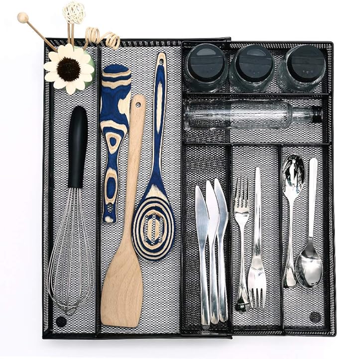 JANE EYRE Utensil Drawer Organizer - Expandable Cutlery Tray, Silverware/Flatware Storage Divider for Kitchen, Mesh Designing with Non-slip Rubber Feet (black)