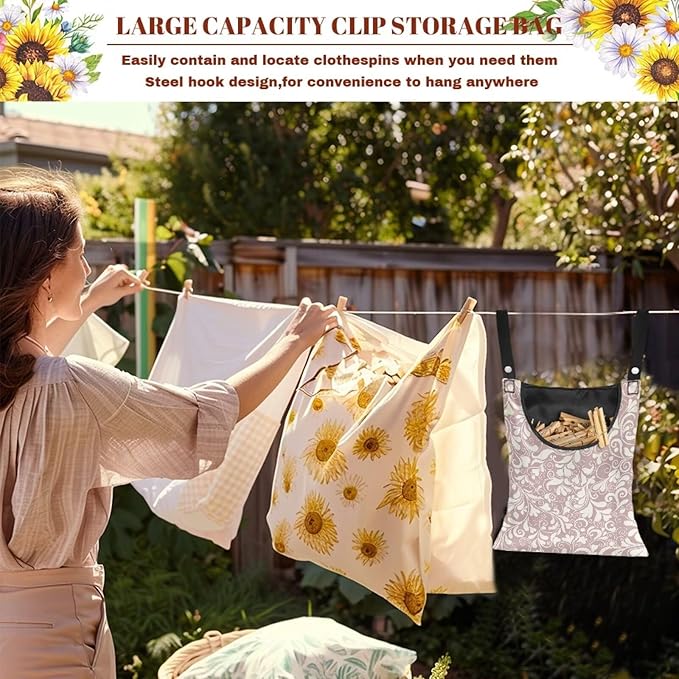 High Capacity Clothespin Holder Bag 14.5x12 Inches - Durable Outdoor Storage with Wide Opening for Clothesline Organization Hanging Loop & Button Closure Heart Shape Floral Print Pink