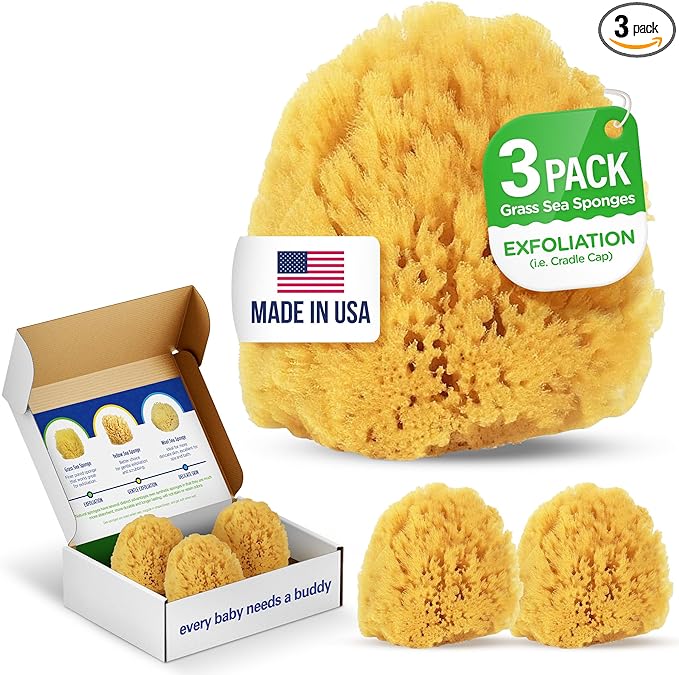 Baby Buddy Absorbent Natural Bath Sponge, Soft Exfoliating Grass Sponge, Soft on Baby's Tender Skin, Bath Accessories Baby and Kids, Infant Bath, Biodegradable, Hypoallergenic, 3pk, 4in