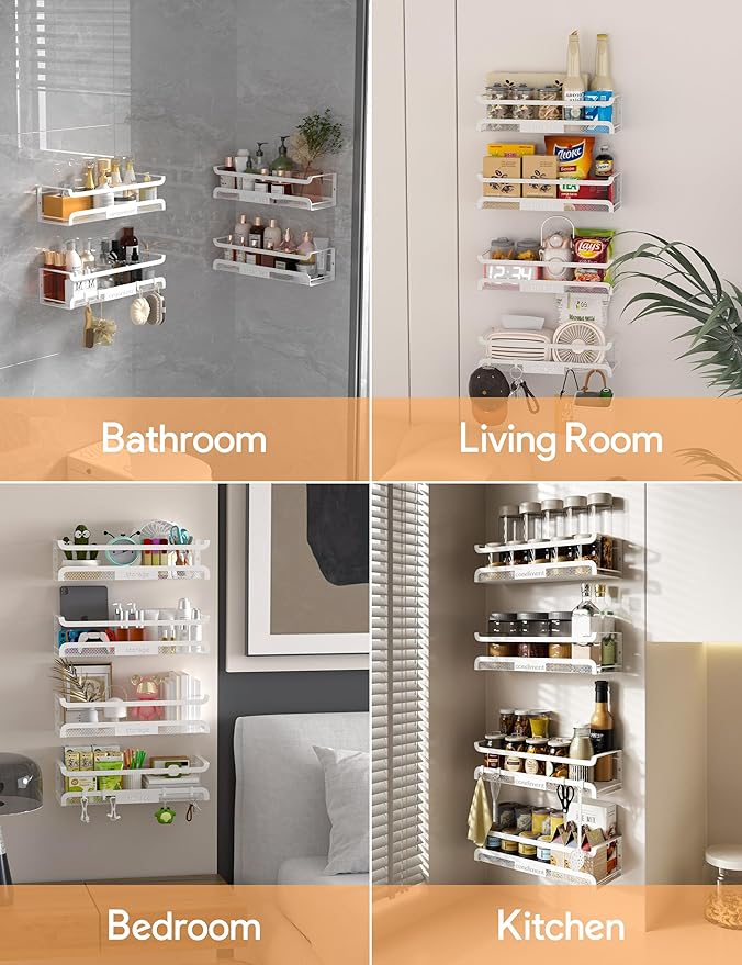 Spice Rack Wall Mount with Hooks - Spice Racks Organizer for Cabinet Storage, Wall Mounted Hanging Shelf Seasoning Organizer, for Kitchen, Pantry Door, Bathroom (White, 1 Pack)