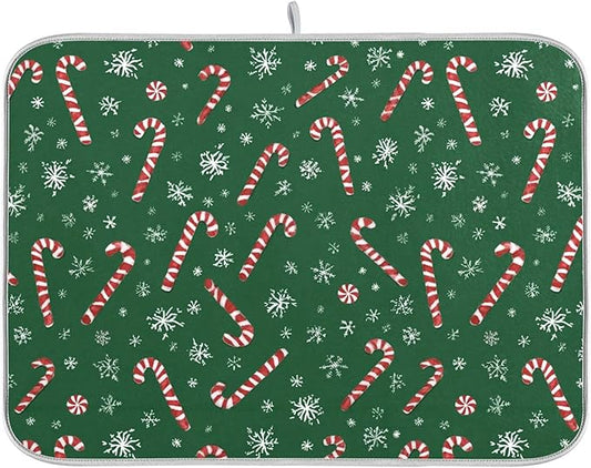 Christmas Candy Cane Dish Drying Mat for Kitchen Countertop 18x24 Winter Snowflake Green Xmas Large Drying Mat Reusable Quick Dry Dish Sink Mats Easy Clean Decorative Essentials