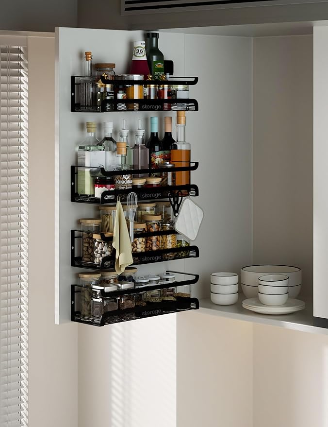 Spice Rack Wall Mount with Hooks - Spice Racks Organizer for Cabinet Storage, Wall Mounted Hanging Shelf Seasoning Organizer, for Kitchen, Pantry Door, Bathroom (Black, 4 Pack)