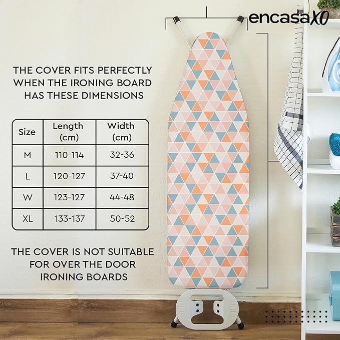 Encasa XO Ironing Board Cover and Pad - Thick 4mm Felt, Heat & Scorch-Resistant, Fits Medium Boards 42"x14", Elastic Bungee Cord Tightening, Easy Fit, Stain-Safe Dye, Triangles Aqua